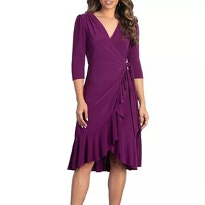 KIYONNA Magenta Women's Whimsy Ruffled Midi Wrap Dress
